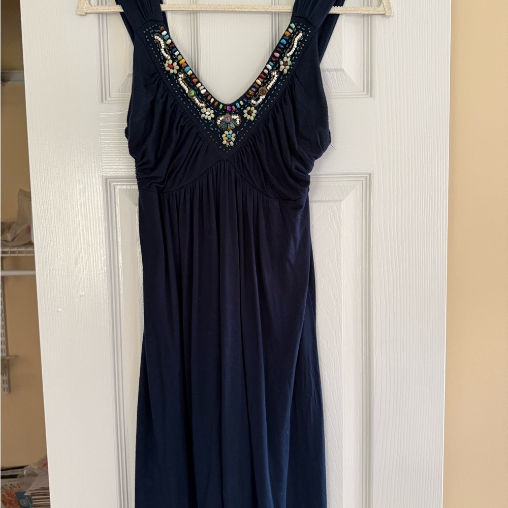 Navy dress with beaded neckline